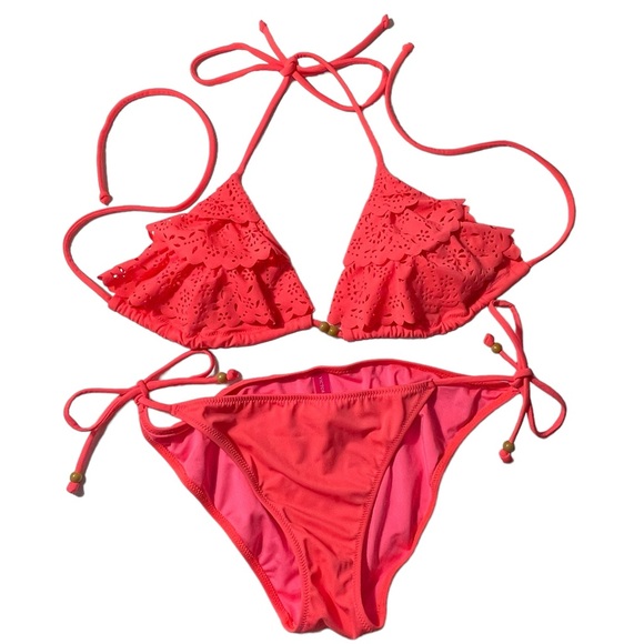 Victorias Secret String Bikini Size M Medium Triangle Ruffle Beaded Beach Sexy - Picture 2 of 16